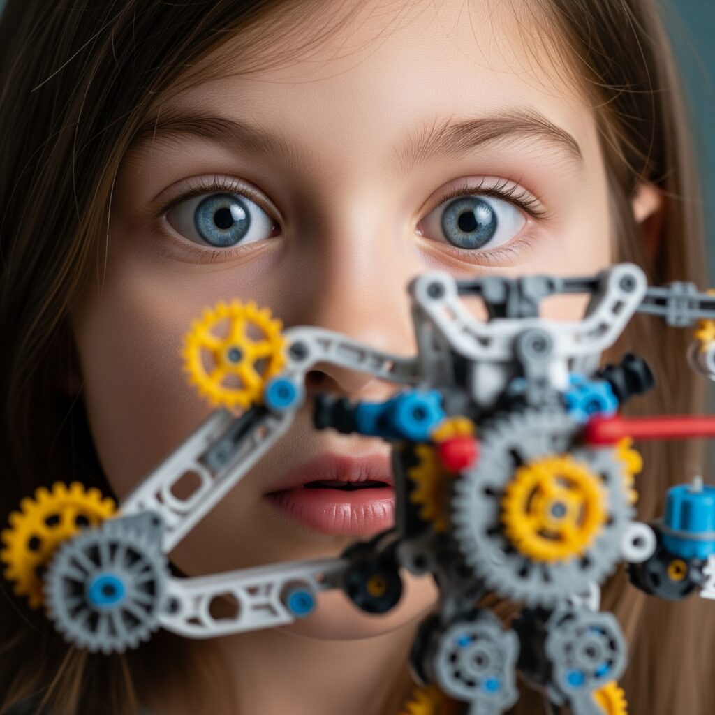 Kid wondering about how an intricate and complex toy works