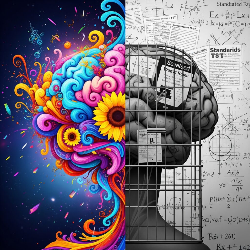 Split image where one side is showing a curious and creative brain, the other is a boxed, gray and boring one