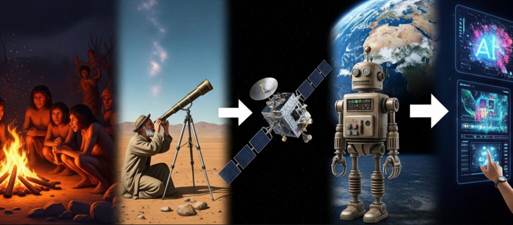 Human evolution, from controlling fire, explore outer space, robots