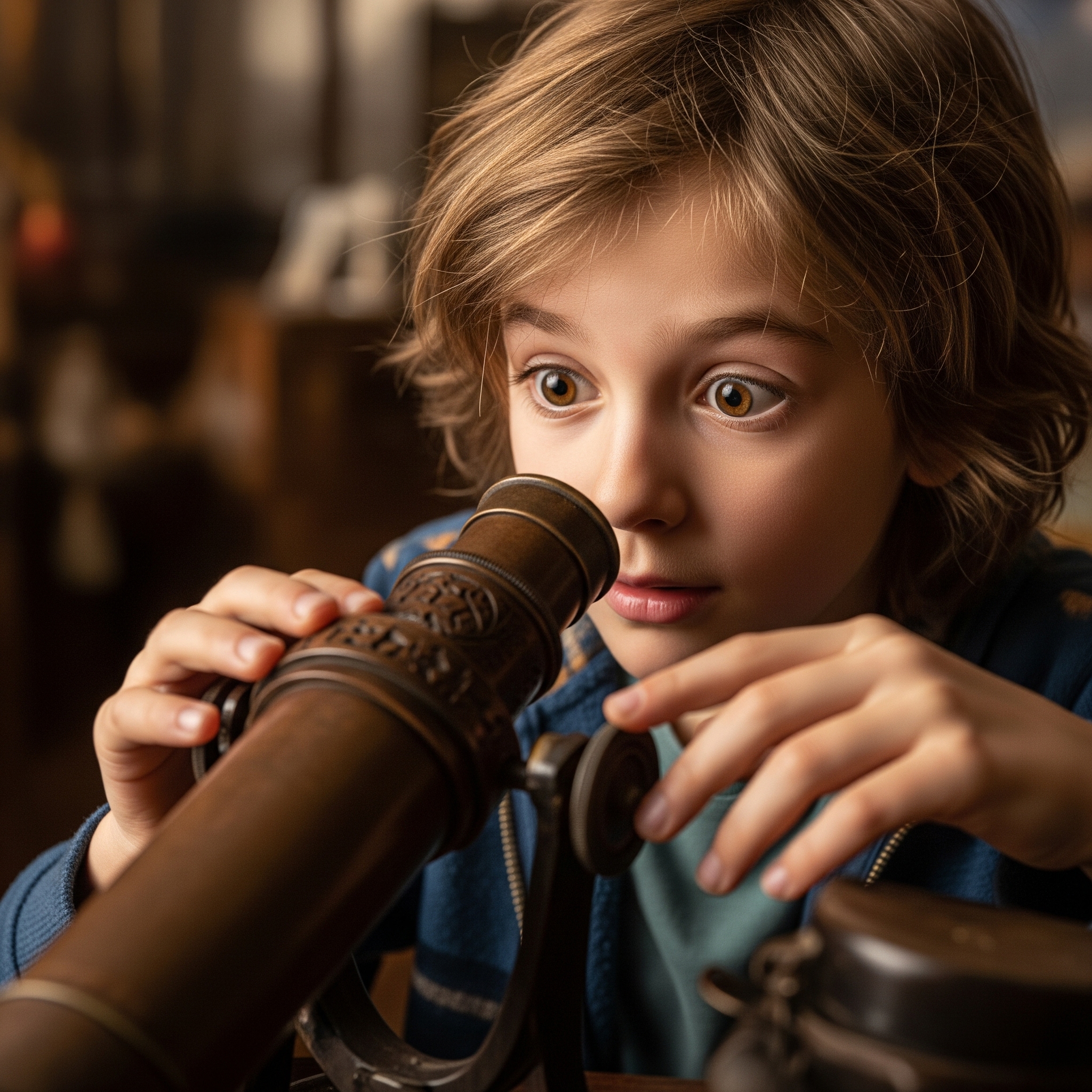 Kid curiously looking at an antique telescope wondering about its misteries