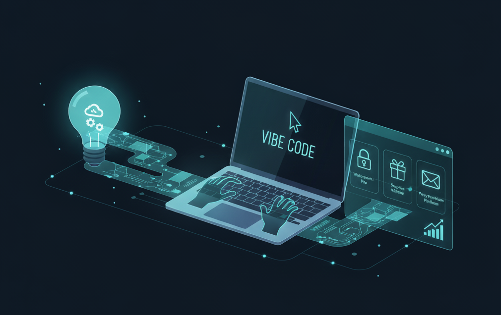 A digital illustration showing a glowing lightbulb connected by circuit lines to a laptop with "VIBE CODE" on its screen, which then connects to app windows labeled "Watermark Pro," "Surprise Website," and "Party Invitation Platform." The image visually represents the journey from an idea (lightbulb) to real-world applications (apps) through AI-assisted "vibe coding."