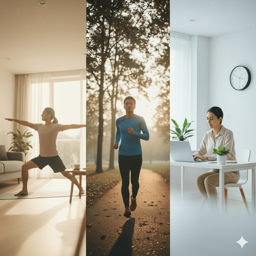 merged image of different morning routines. One where a woman does a yoga posture, the other a man jogging and the last a woman sitting down to work