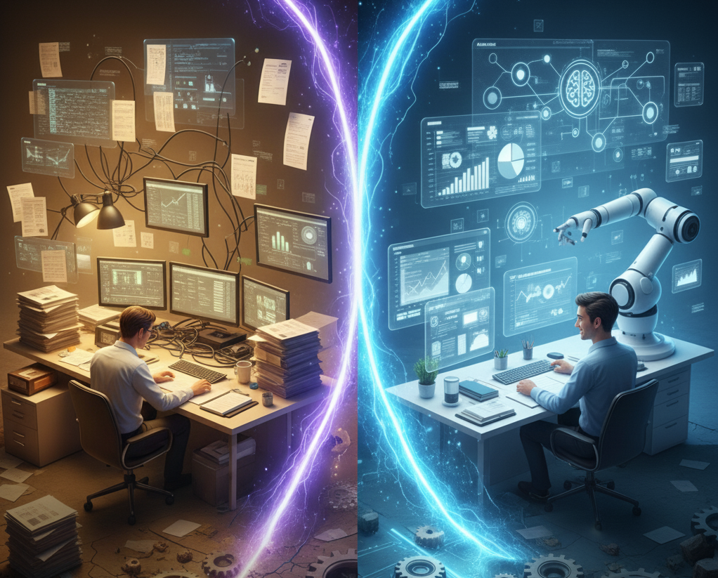 A split image showing the transition from manual to automated workflows. The left side depicts a person in a cluttered, dim office with tangled wires and paper, representing manual processes, with old gears on the ground. A bright lightning bolt divides the image, leading to the right side which shows a person in a clean, bright, modern office with integrated screens and a robotic arm, symbolizing intelligent automation and organized, glowing gears on the ground.